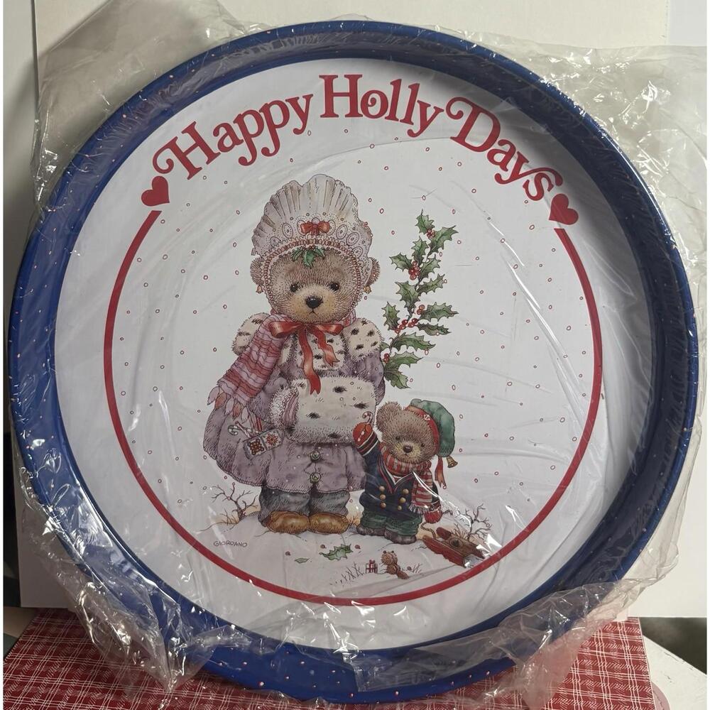 Vintage‎ Giordano Metal Christmas Tray – Happy Holly Days Teddy Bears – New